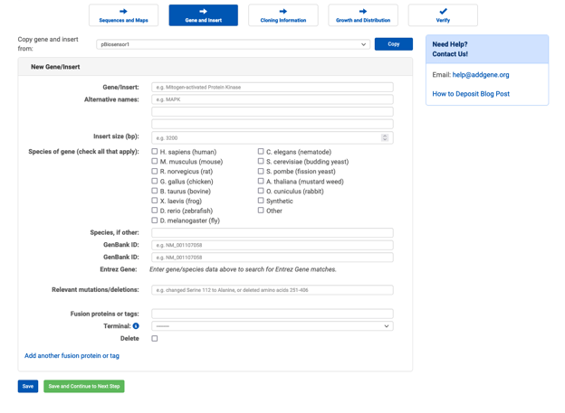 A screenshot of the “Gene and/or insert” information page. Fields for Gene/Insert, Alternative names, Insert size (bp), Species of gene, GenBank ID, Entrez gene, relevant mutations/deletions, and fusion proteins or tags can be populated.