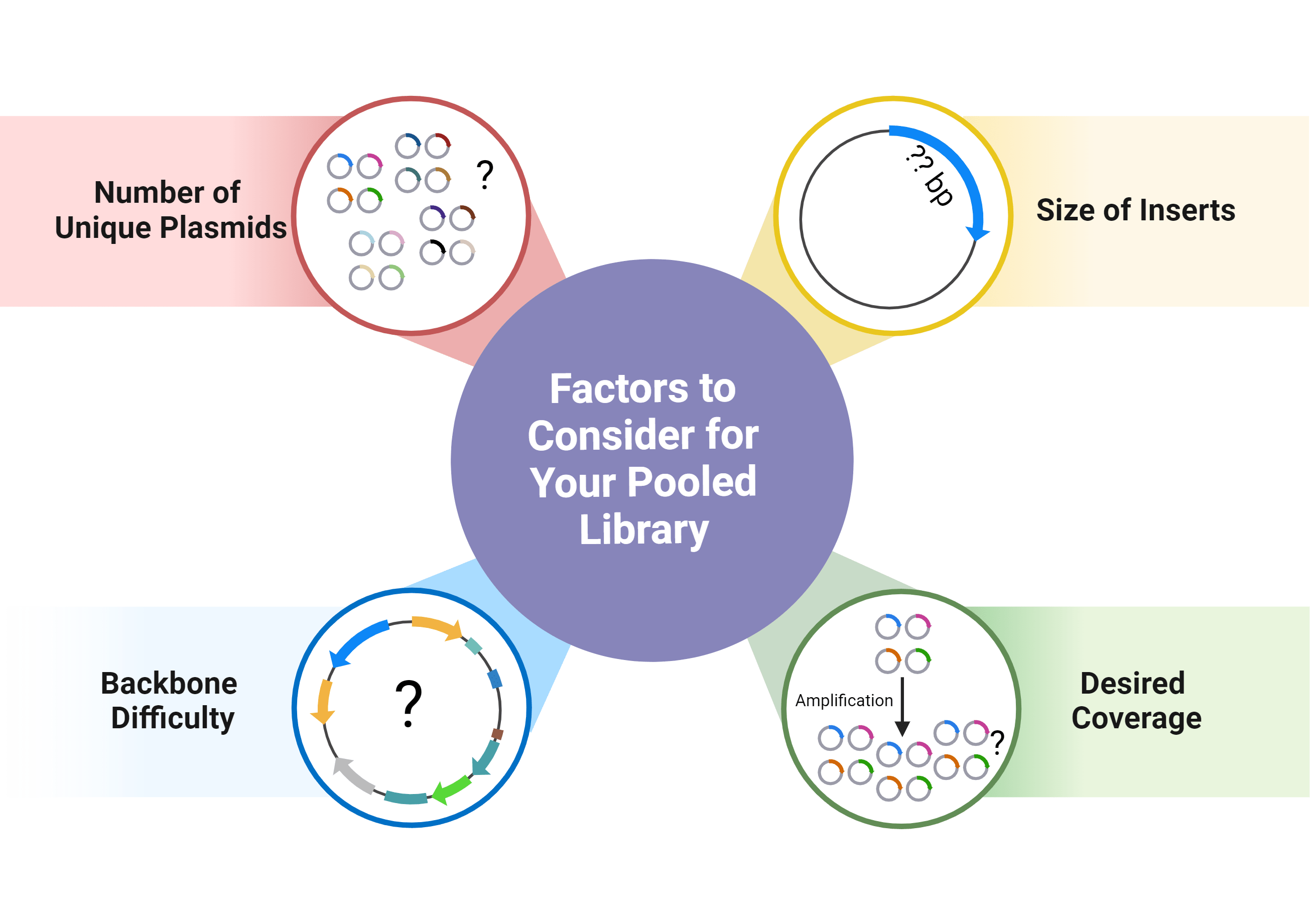Cartoon depicting factors to consider for a pooled library when creating an amplification protocol; details are in text of link.